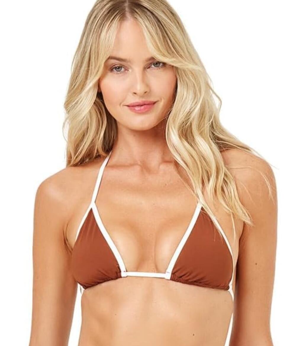 L*SPACE Women's Aspen Triangle Halter Bikini Top Medium Coffee Brown Cream NWT